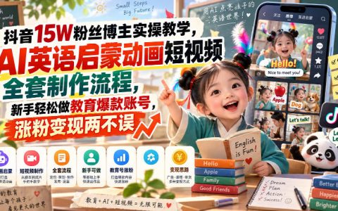 抖音15W粉博主AI英语启蒙动画制作教程，零基础涨粉变现