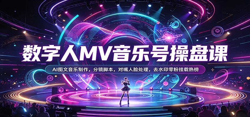 数字人MV音乐号操盘课：AI图文音乐制作+分镜脚本+对嘴人脸+去水印零粉挂载热榜