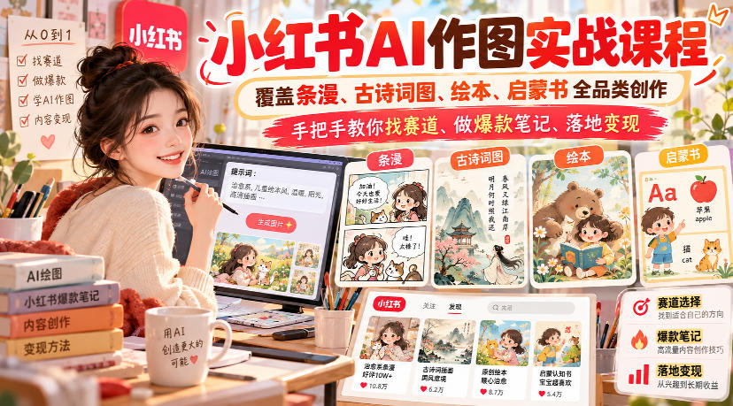 小红书AI作图实战课：零基础条漫古诗词绘本爆款笔记变现