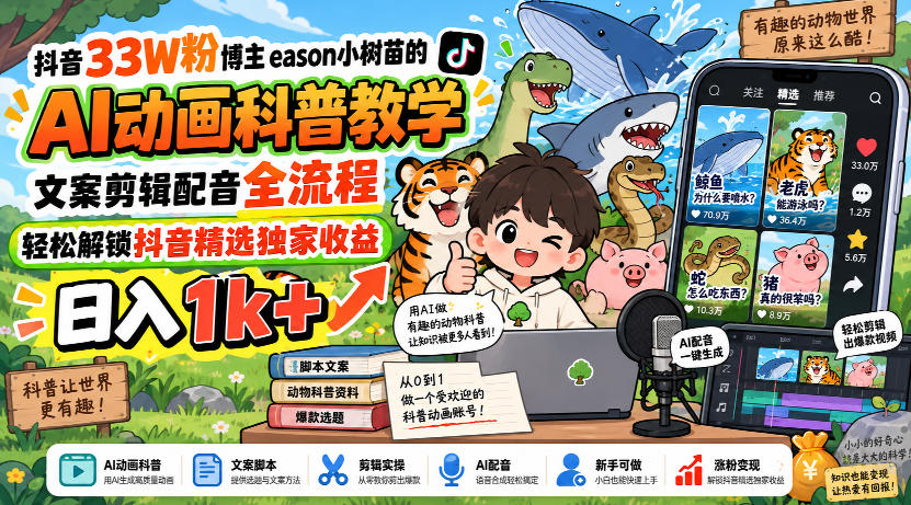 抖音33W粉博主eason小树苗AI动画科普教学全流程