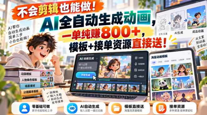 AI动画微课副业教程：不会剪辑也能做，自动化生成动画接单赚800方法