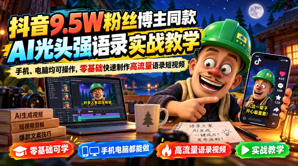 抖音9.5W粉丝博主同款AI光头强语录实战教学，手机电脑零基础20分钟出片