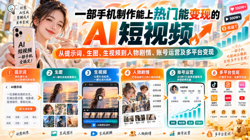 一部手机做AI短视频变现课：即梦豆包生图生视频+宠物剧情运营