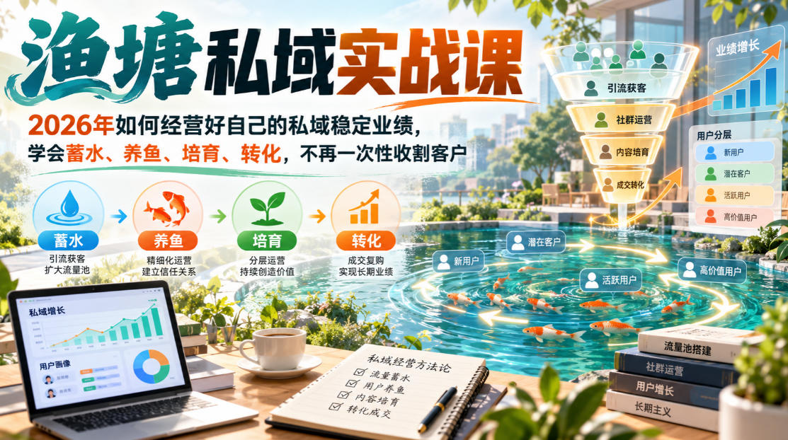 渔塘私域实战课2026私域运营教程：个人品牌成交训练营+蓄水养鱼培育转化，告别群发硬推销稳定业绩