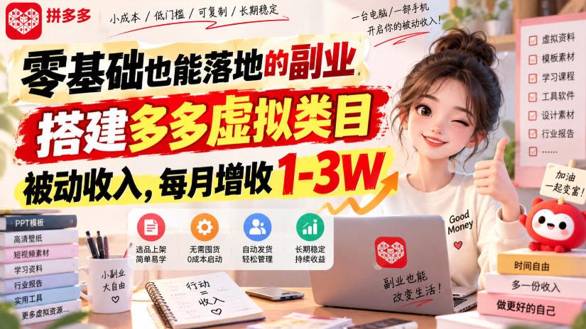 零基础拼多多虚拟电商副业，单店变现1-3W被动收入玩法