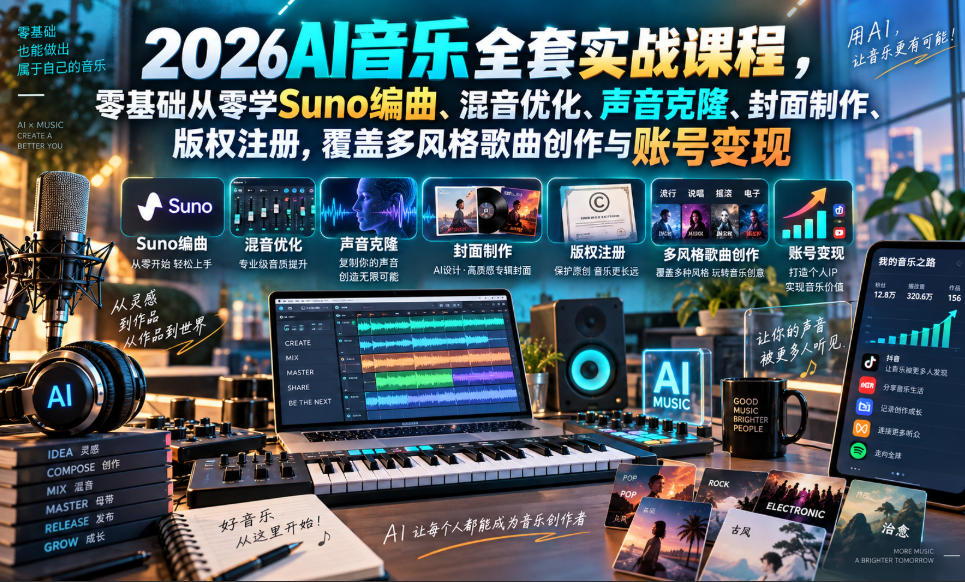 2026AI音乐实战课：零基础Suno编曲混音声音克隆与版权发行变现