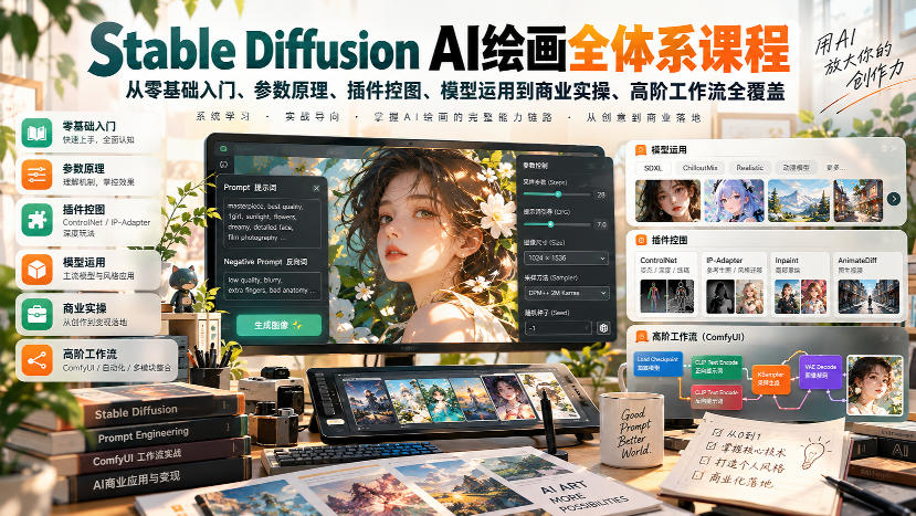 Stable Diffusion AI绘画全体系课：ControlNet与ComfyUI商用实战