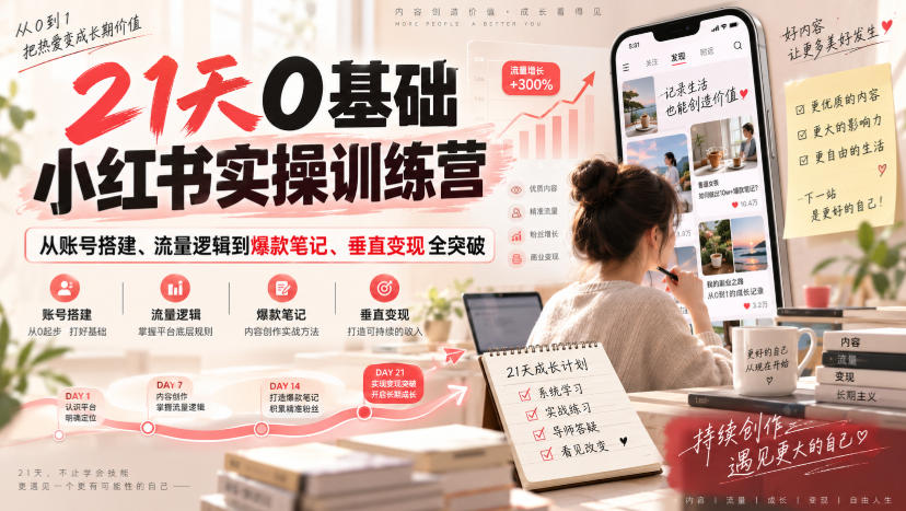21天0基础小红书实操训练营：账号定位+爆款笔记+流量变现全攻略