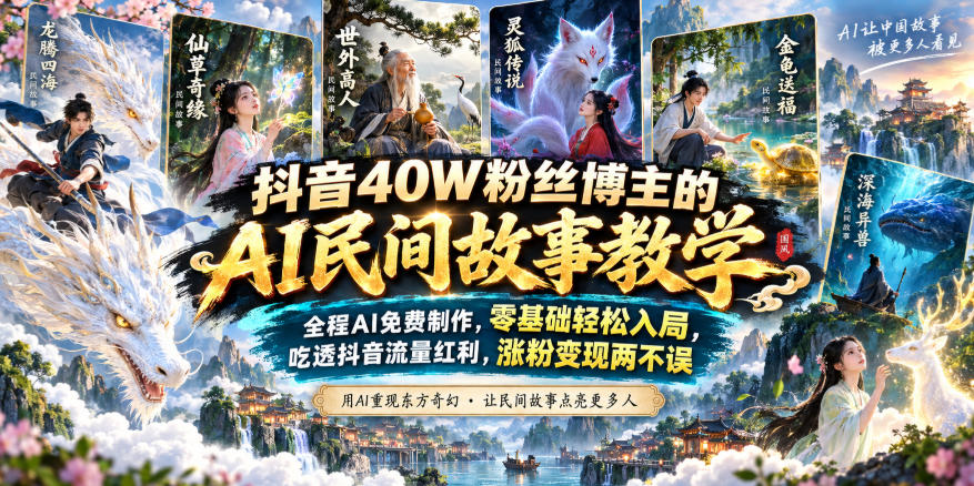 抖音40W粉博主亲授AI民间故事制作，零基础免费起号涨粉变现全攻略