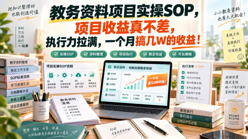 教务资料项目实操SOP教程，教师PPT课件资源变现，AI原创工具变现几W副业赚钱方法