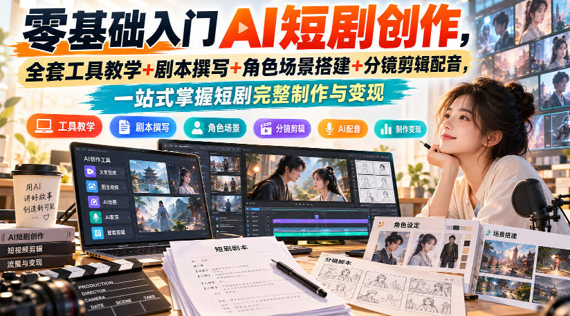 零基础AI短剧创作教程：剧本撰写+角色场景搭建+分镜剪辑配音变现