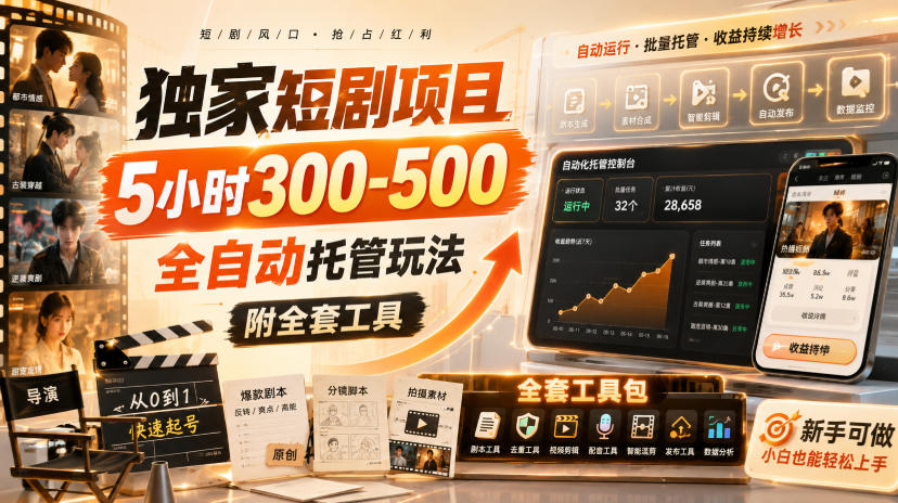 独家短剧G机项目，5小时300方法，自动化托管提现工具