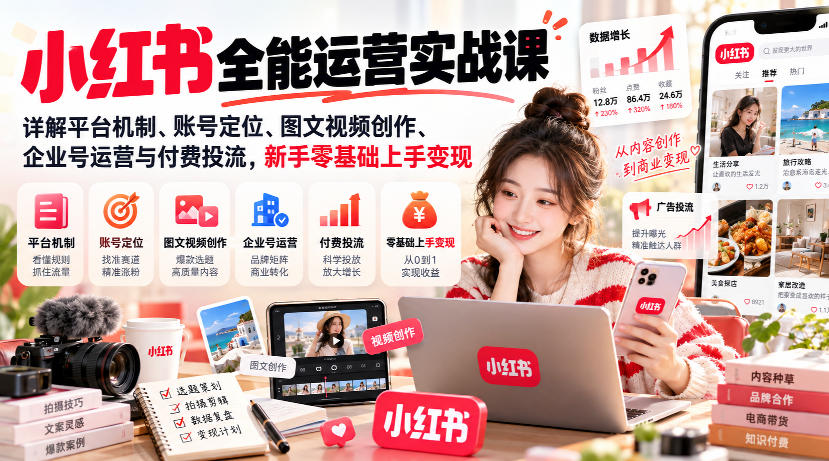 小红书全能运营实战课：零基础起号定位、图文视频创作、企业号投流变现