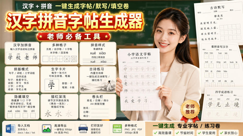 汉字拼音字帖生成器：一键生成田字格默写卷，支持词组成语打印，老师家长必备