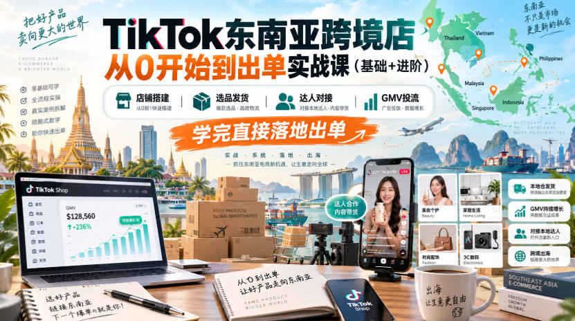 TikTok东南亚跨境店0基础到出单实战课：定价选品发货达人投流GMV Max