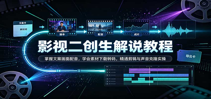 影视二创解说教程：文案画面配音+素材下载转码+声音克隆剪辑实操