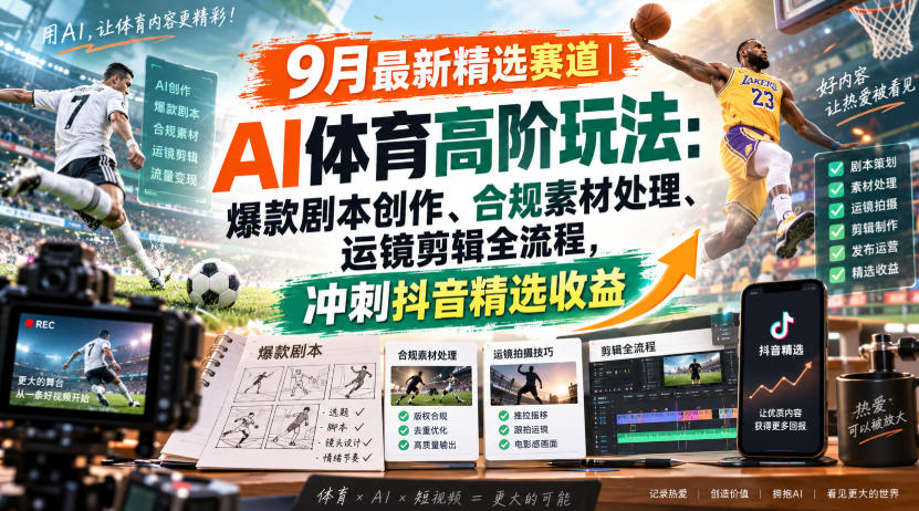 AI体育短视频爆款全流程：剧本创作+版权规避+运镜剪辑，稳拿抖音精选收益