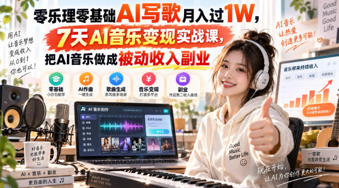 零基础AI写歌变现：SUNO+网易云7天实战，变现过万副业