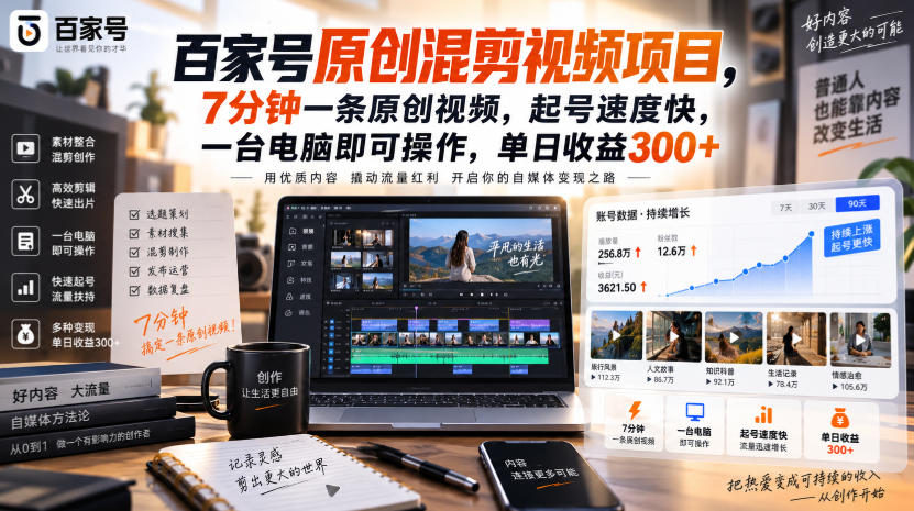 百家号原创混剪视频项目：7分钟一条原创视频，一台电脑即可操作，单日收益300方法，新手可做多平台变现