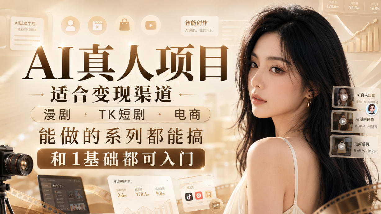 AI真人项目变现全攻略：漫剧短剧电商多场景应用，0基础入门到精通