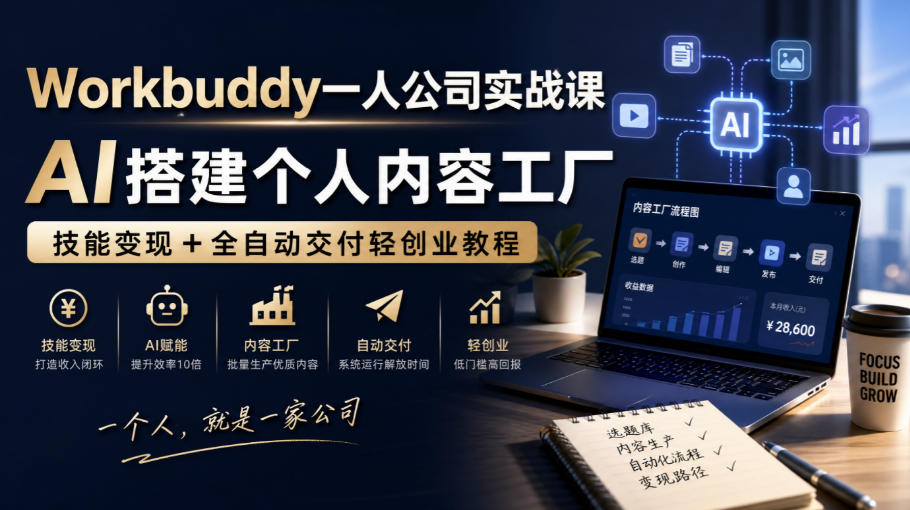 Workbuddy一人公司实战课：AI内容工厂+技能变现自动化交付