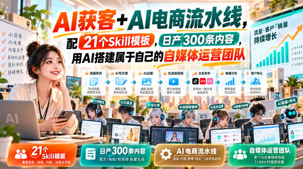 AI获客+AI电商流水线，21个Skill模板日产300步骤条内容