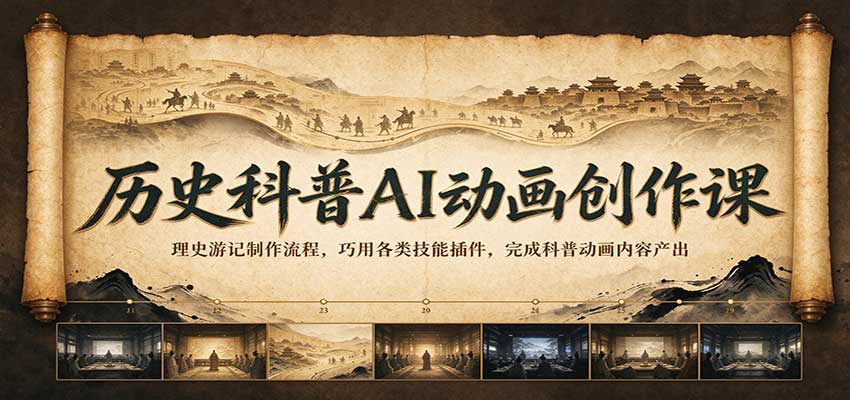 历史科普AI动画创作课：理史游记制作流程+地名查询/文案转视频提示词/泛科普文案生成技能插件