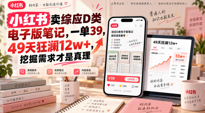 小红书卖综应D类笔记，49天12w+，虚拟资料副业新蓝海