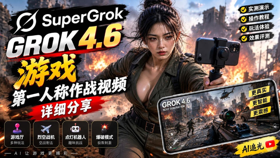 Grok 4.6第一人称作战视频实测：AI做FPS游戏与游戏厅玩法讲解