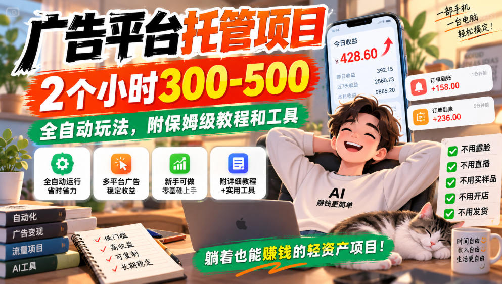 广告平台托管项目自动化玩法，2小时300步骤-500步骤附教程工具小白可做