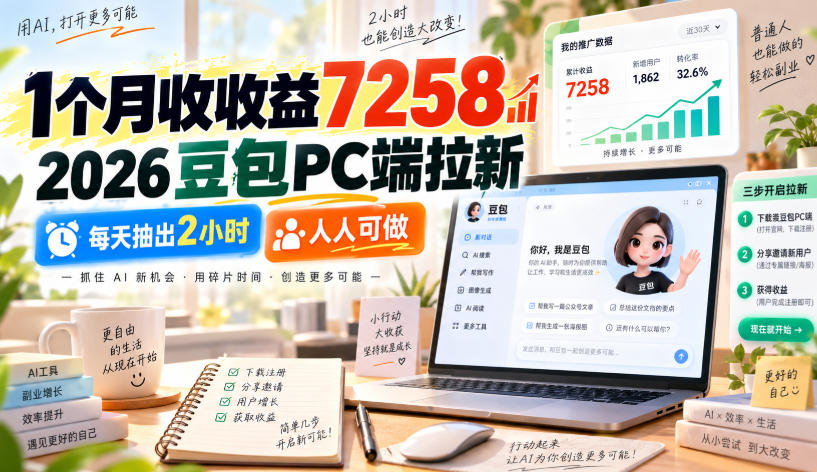2026豆包PC端拉新实操：每天2小时，1个月收益7258，人人可做