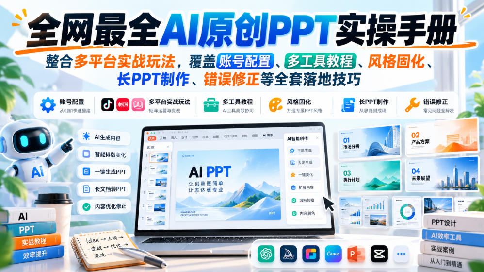 AI原创PPT实操手册：ChatGPT等全工具教程+风格固化与长PPT制作
