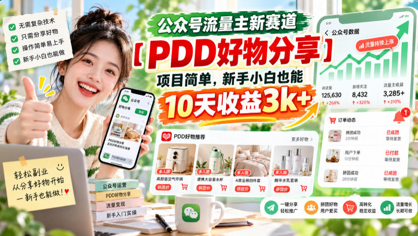 公众号流量主新赛道PDD好物分享，新手小白10天收益3方法