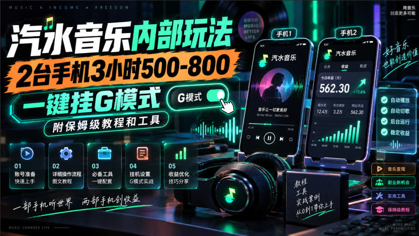 汽水音乐人G机玩法：2台手机3小时500步骤-800步骤，附教程工具