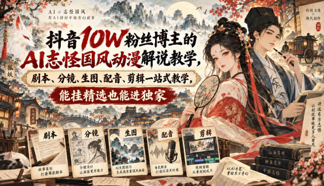 抖音10W粉博主AI志怪国风动漫解说，剧本分镜生图配音剪辑一站式教学