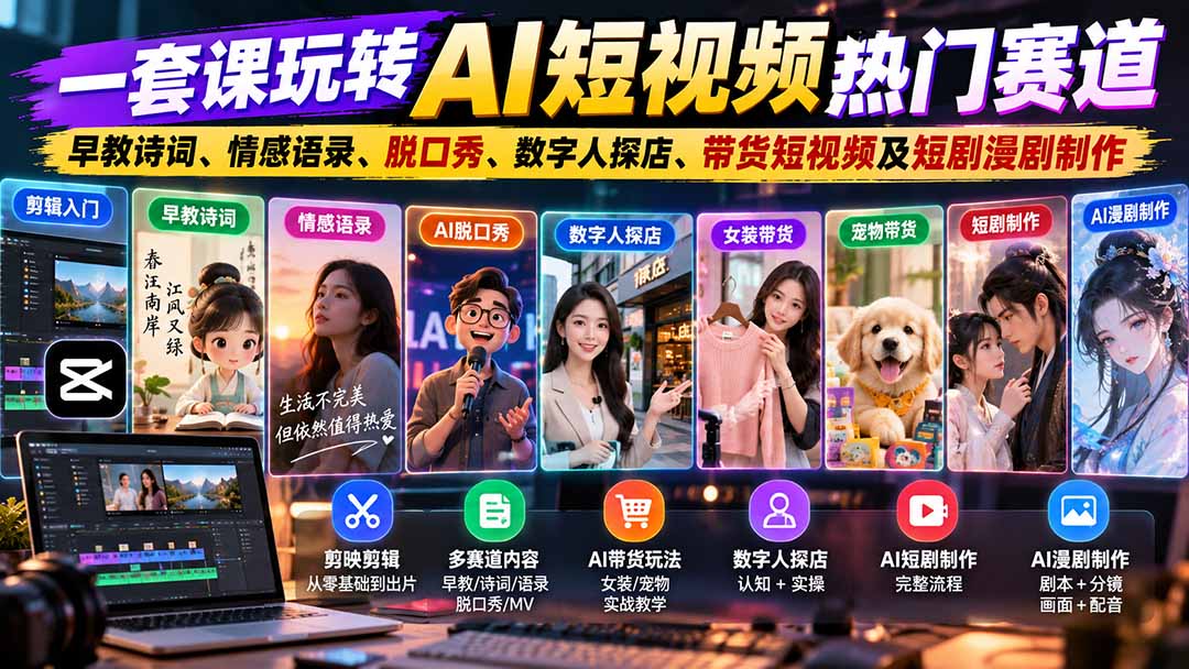 AI短视频全玩法实操：早教诗词情感语录数字人带货短剧漫剧制作