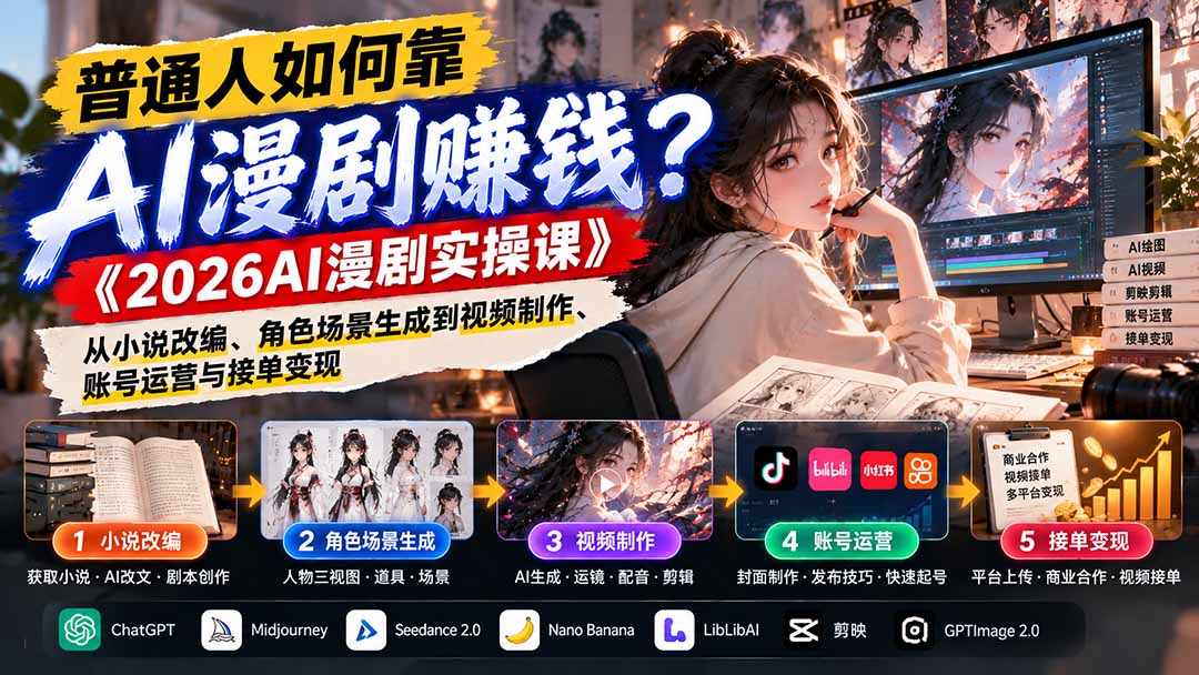 2026AI漫剧实操课：零基础小说改编到AI视频接单变现全流程