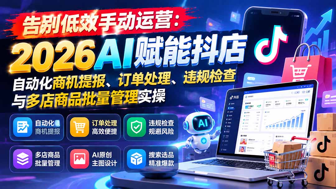 2026抖店AI自动化运营课：商机提报、订单处理、违规检查与多店商品批量管理实操