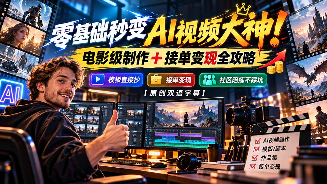 零基础AI视频制作教程：电影级视频+接单变现全攻略，附模板与社群陪练