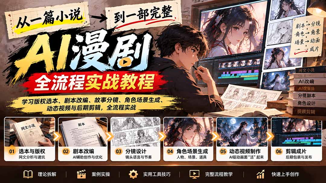 从小说到AI漫剧全流程：版权选本+剧本改编+分镜设计+角色场景生成与剪辑实战