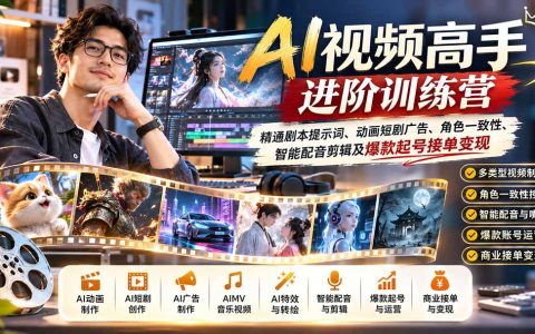 AI视频制作实战课：剧本提示词+角色一致性+配音剪辑，11类视频起号接单变现