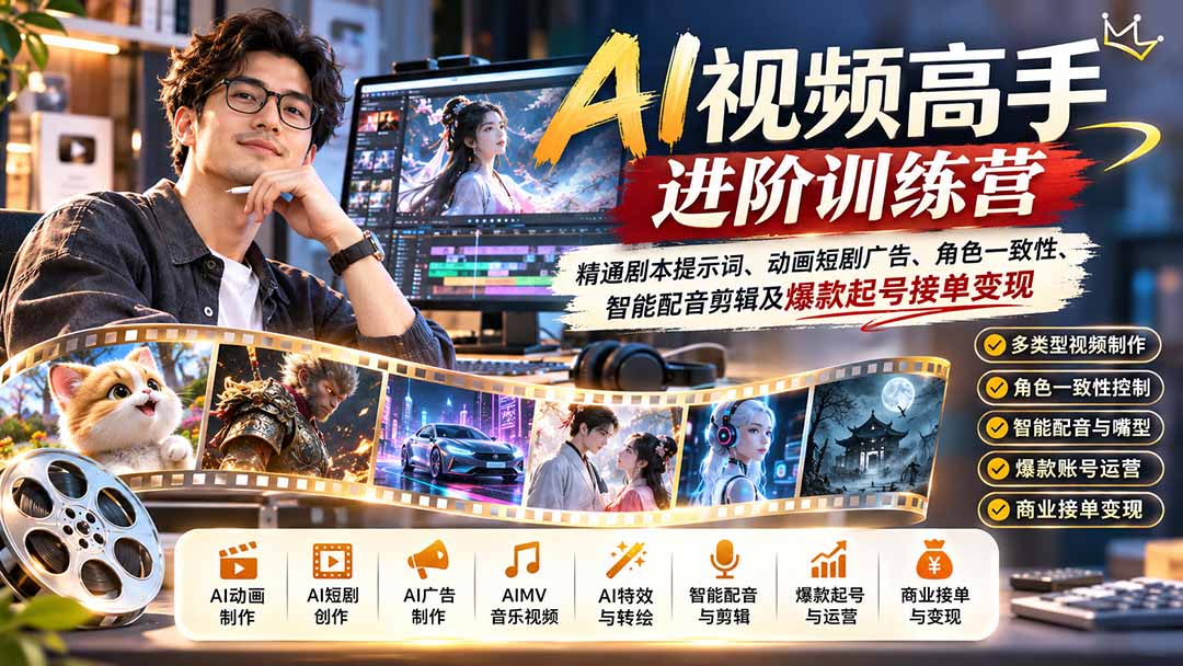AI视频制作实战课：剧本提示词+角色一致性+配音剪辑，11类视频起号接单变现