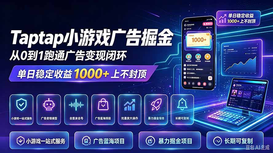 TapTap小游戏广告掘金：零操作变现100步骤0+矩阵运营变现
