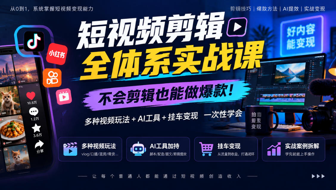 短视频剪辑全体系实战课：零基础AI制片+挂车带货变现