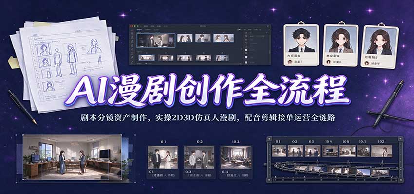 AI漫剧创作全流程实战：剧本分镜资产制作+2D3D仿真人漫剧配音剪辑接单运营