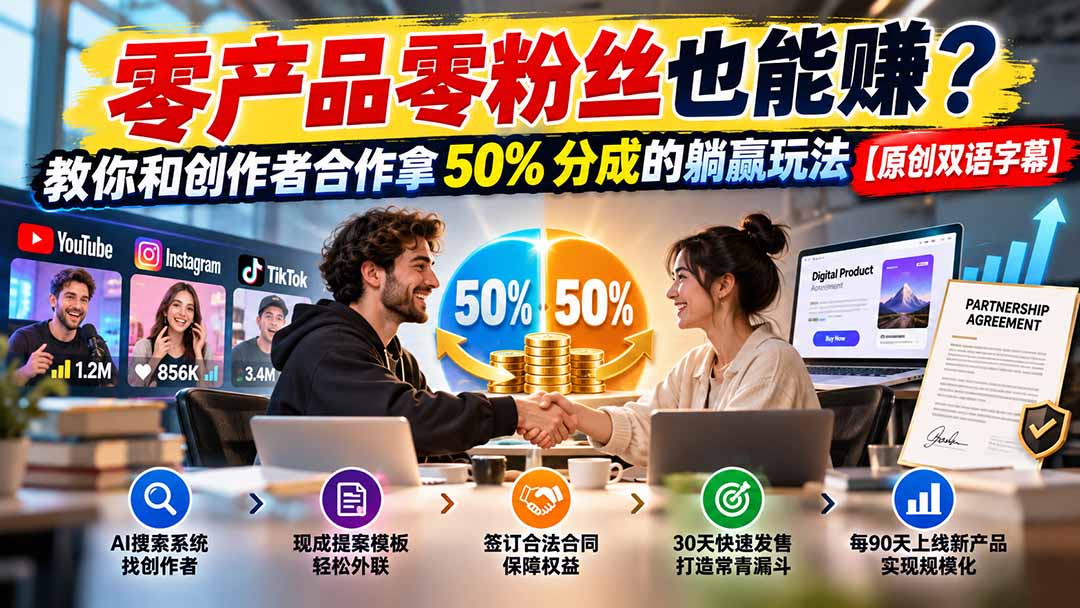 零粉丝创作者合作50%分成，AI搜索+提案模板被动收入玩法