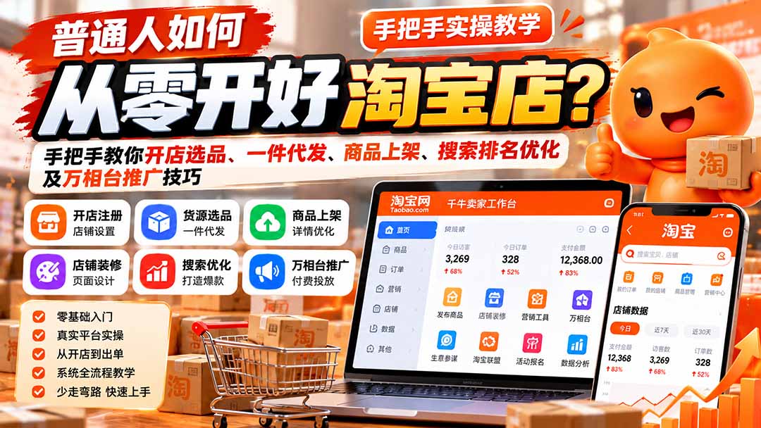 零基础淘宝开店教程:手把手选品一件代发上架SEO优化万相台推广 零基础淘宝开店教程:手把手选品一件代发上架SEO优化万相台推广