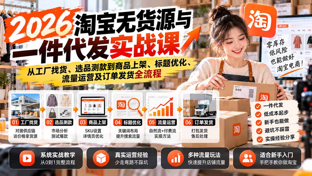 2026淘宝无货源一件代发实战：新手选品测款、AI主图标题优化与流量运营避坑课
