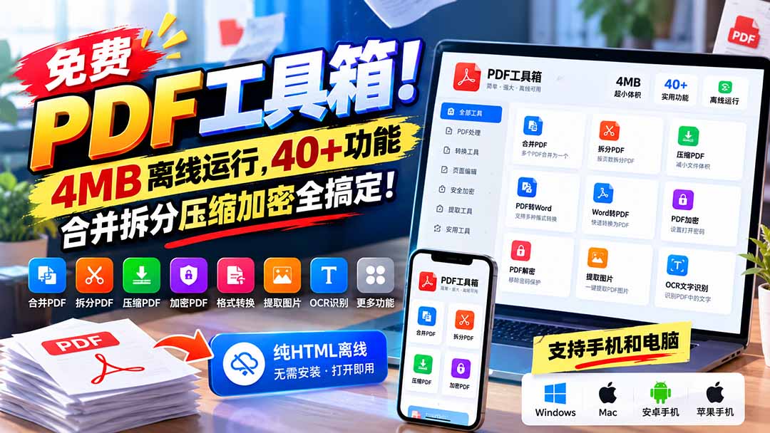 免费PDF工具箱推荐：4MB离线运行，40+功能合并拆分压缩加密全搞定
