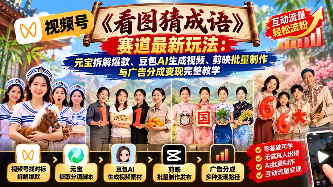 视频号看图猜成语AI视频教程：元宝拆解爆款+豆包生成+剪映批量制作与广告分成变现